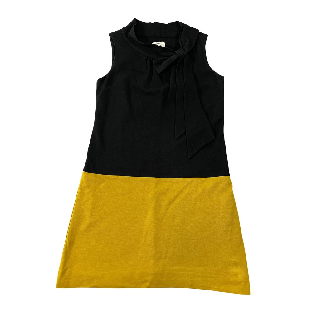 Milly of New York Black Yellow Colorblock Bow Sleeveless Shift Sweater Dress M